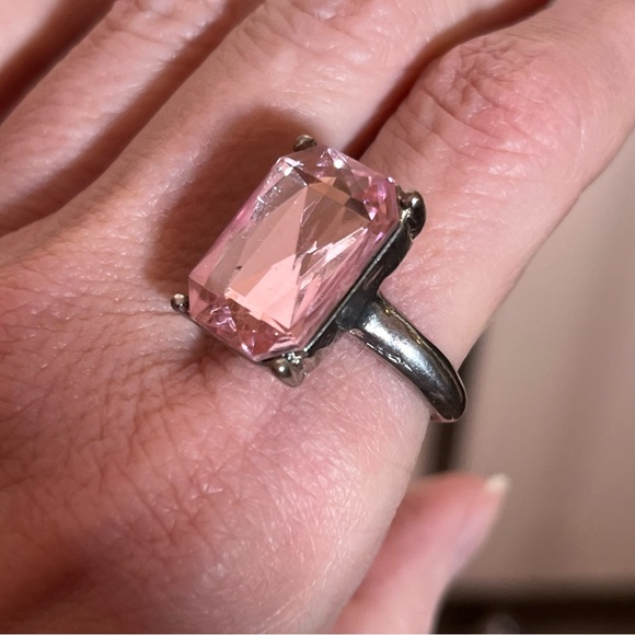 Estate Jewelry - Vintage 40 50 Retro Classic silver Emerald Cut Pale pink Glass Cocktail Ring